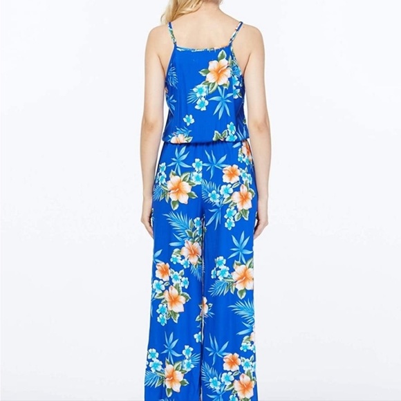 Hawaiian Sleeveless V with Pockets Jumpsuit in Hibiscus Blue Sz S - Picture 7 of 7